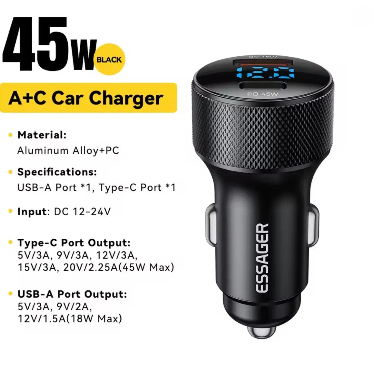 Chargeur de voiture Essager 45W USB-C – Double port PD3.0 / QC3.0 avec affichage numérique pour iPhone, Samsung, Xiaomi, Huawei, OPPO Mobile City