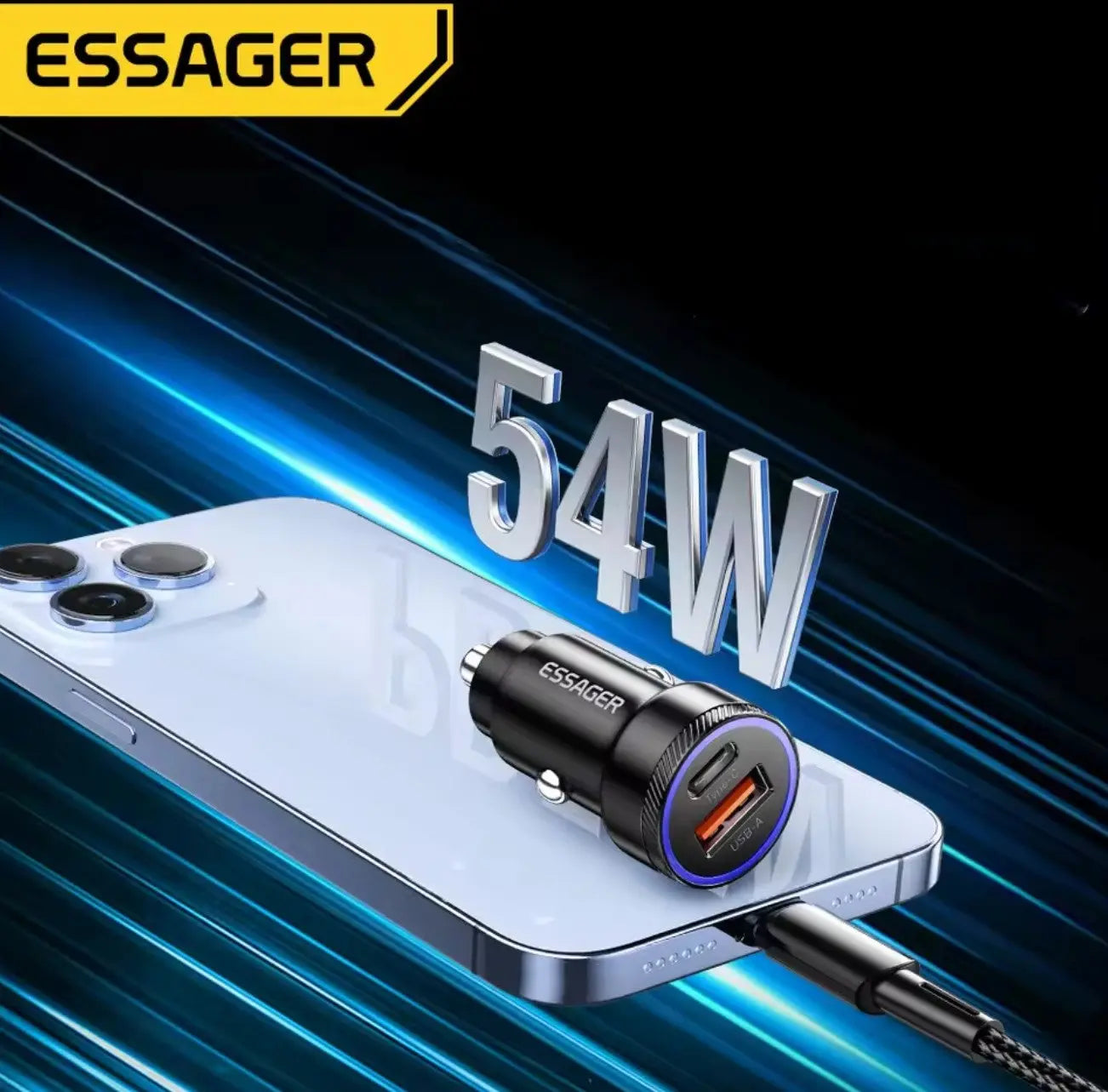 Chargeur de voiture Essager 54W – Double port USB-A + USB-C, charge rapide PD3.0 / QC3.0 / SCP / AFC Mobile City