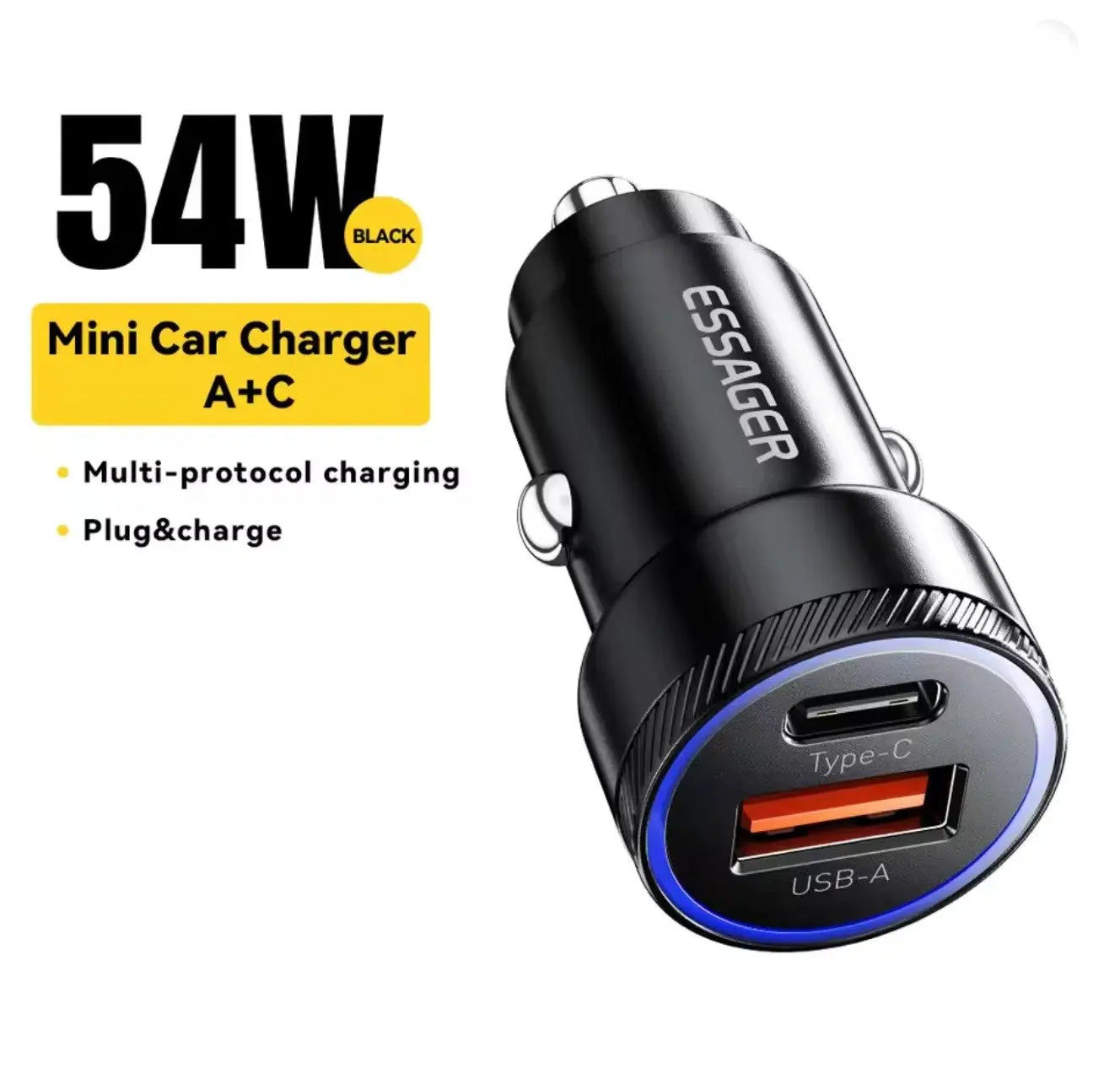 Chargeur de voiture Essager 54W – Double port USB-A + USB-C, charge rapide PD3.0 / QC3.0 / SCP / AFC Mobile City
