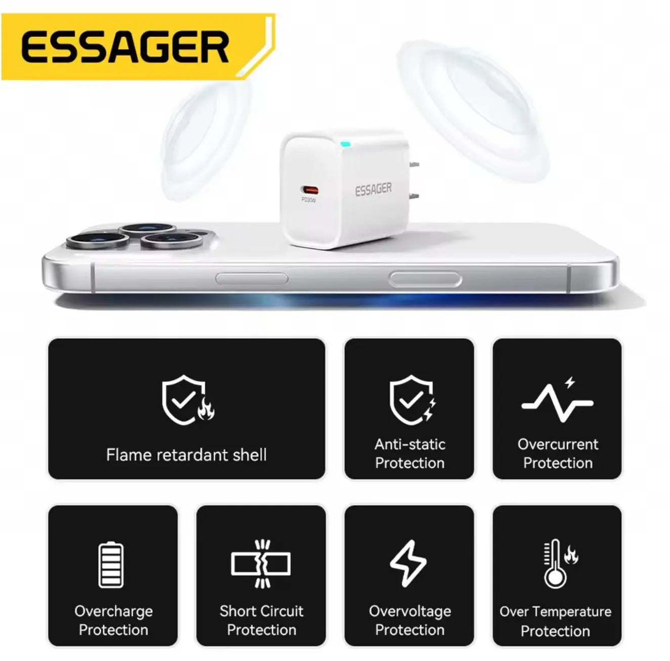 Essager Chargeur 30W – Type-C PD QC3.0 | Charge Rapide Universelle Mobile City