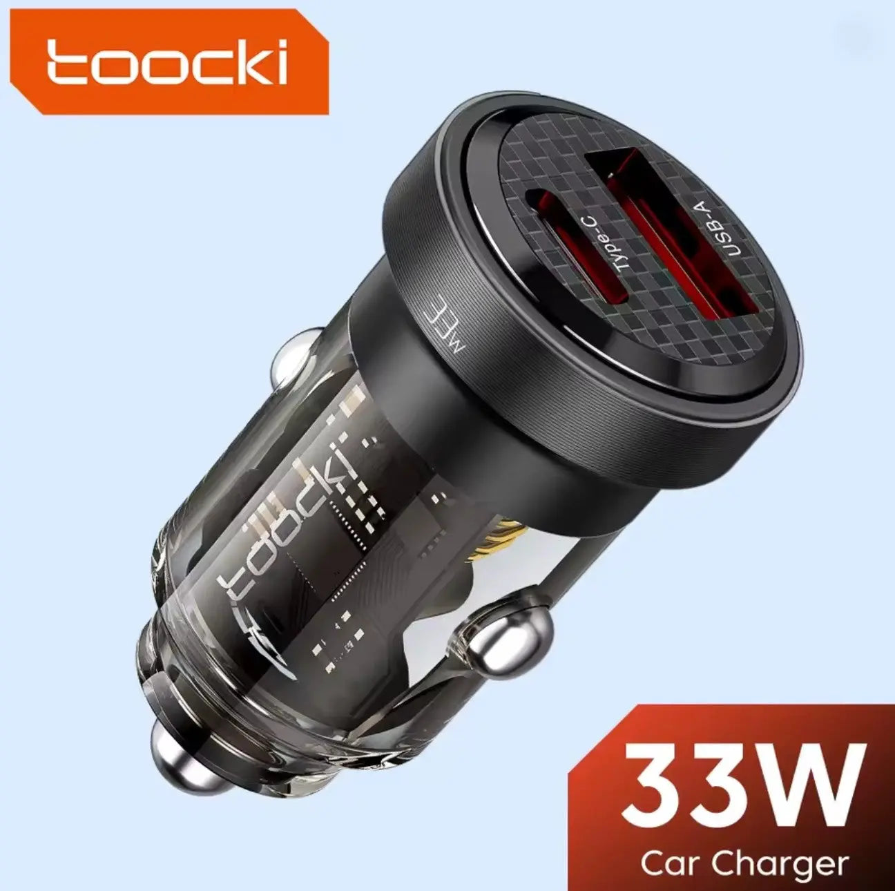 Chargeur de voiture Toocki 33W USB-C – Charge rapide PD3.0 / QC4.0 / SCP, design transparent Mobile City