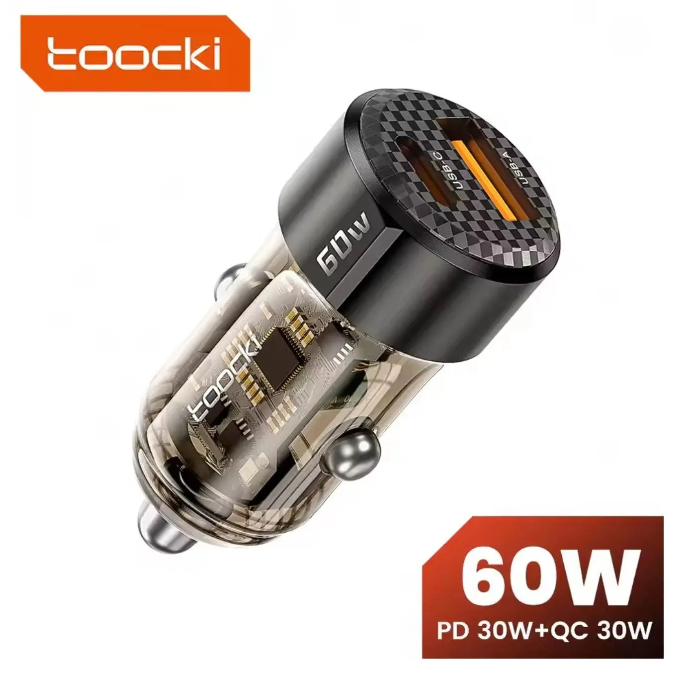 Chargeur de voiture Toocki 60W – Double port USB-C + USB-A, charge rapide PD27W / QC / PPS, design transparent Mobile City