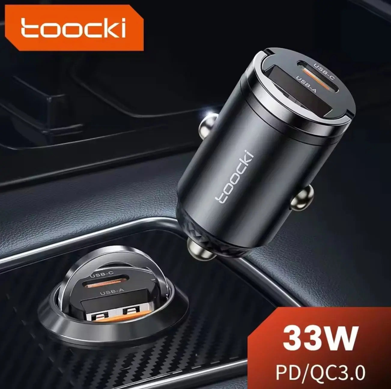 Chargeur de voiture Toocki 33W Mini – Double port PD/QC3.0, charge rapide avec anneau de traction intégré Mobile City