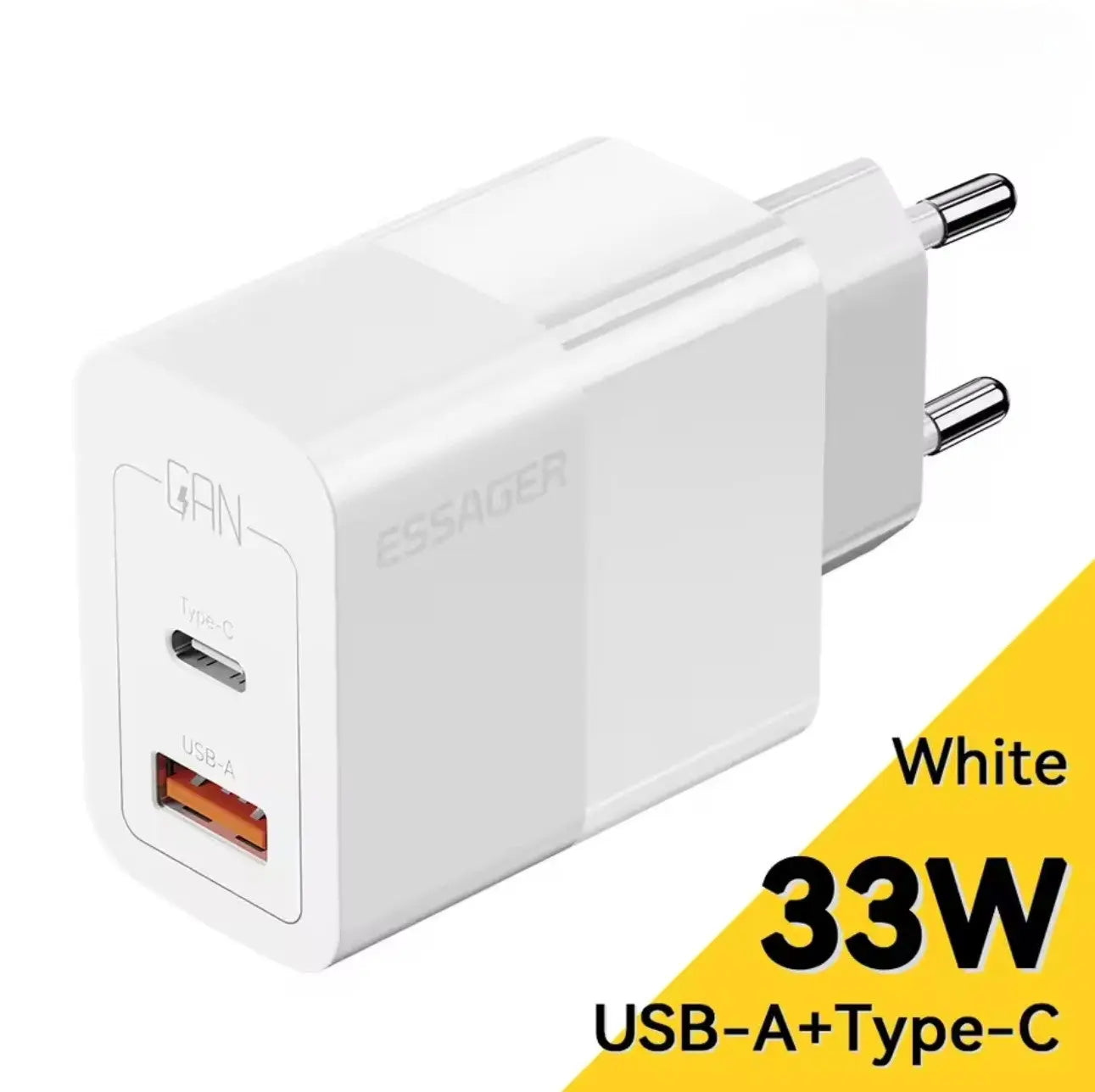 Essager Chargeur GaN 33W – USB-C + USB-A | PD 3.0 QC 3.0 Charge Rapide Universelle Mobile City