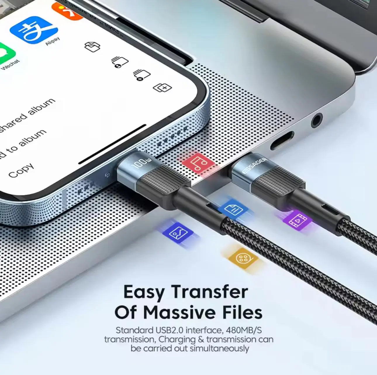 Câble USB-C vers USB-C 100W – Essager – Nylon tressé noir Mobile City