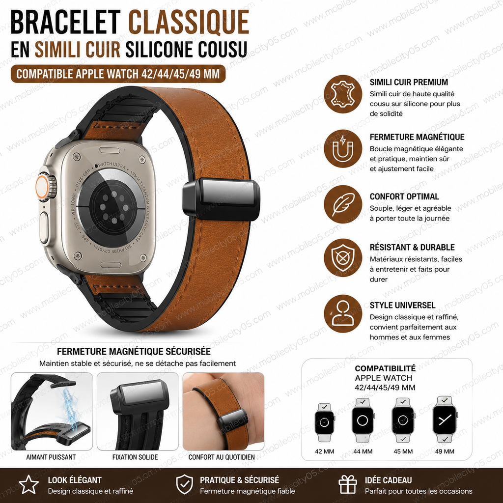 Bracelet Classique en Simili Cuir silicone Cousu 42/49MM