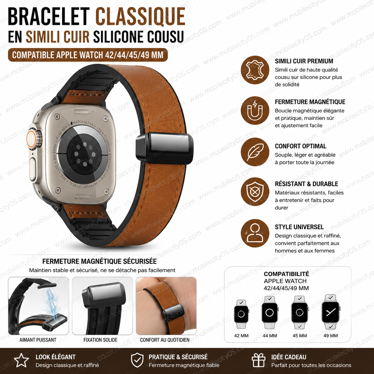 Bracelet Classique en Simili Cuir silicone Cousu 42/49MM