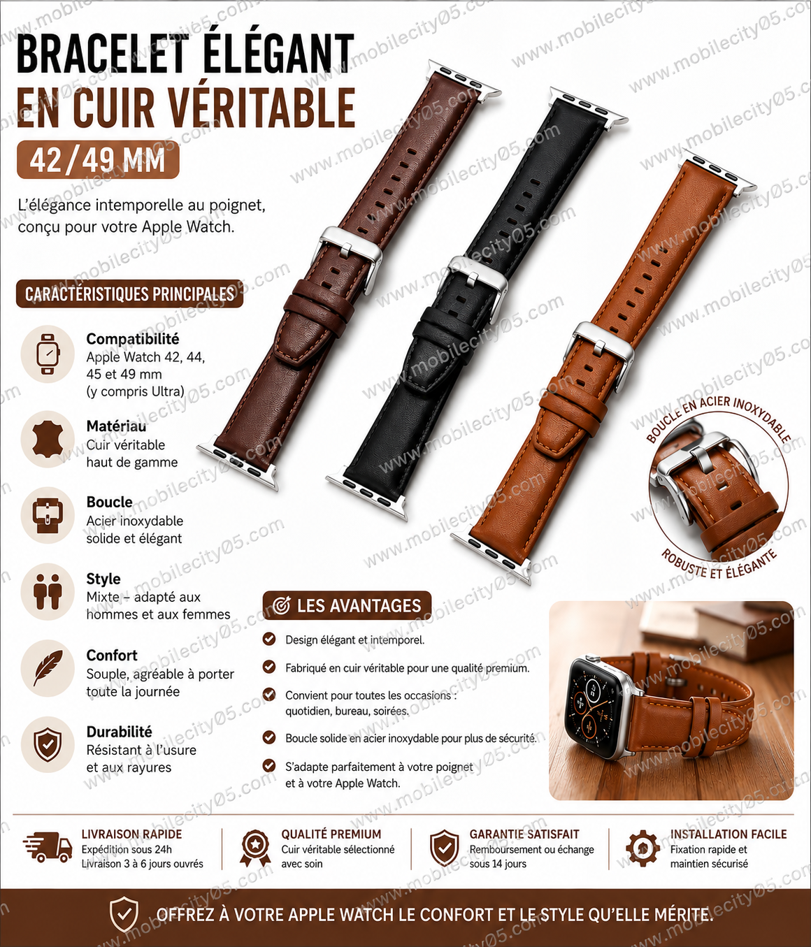 Bracelet Élégant en Cuir Véritable 42/49