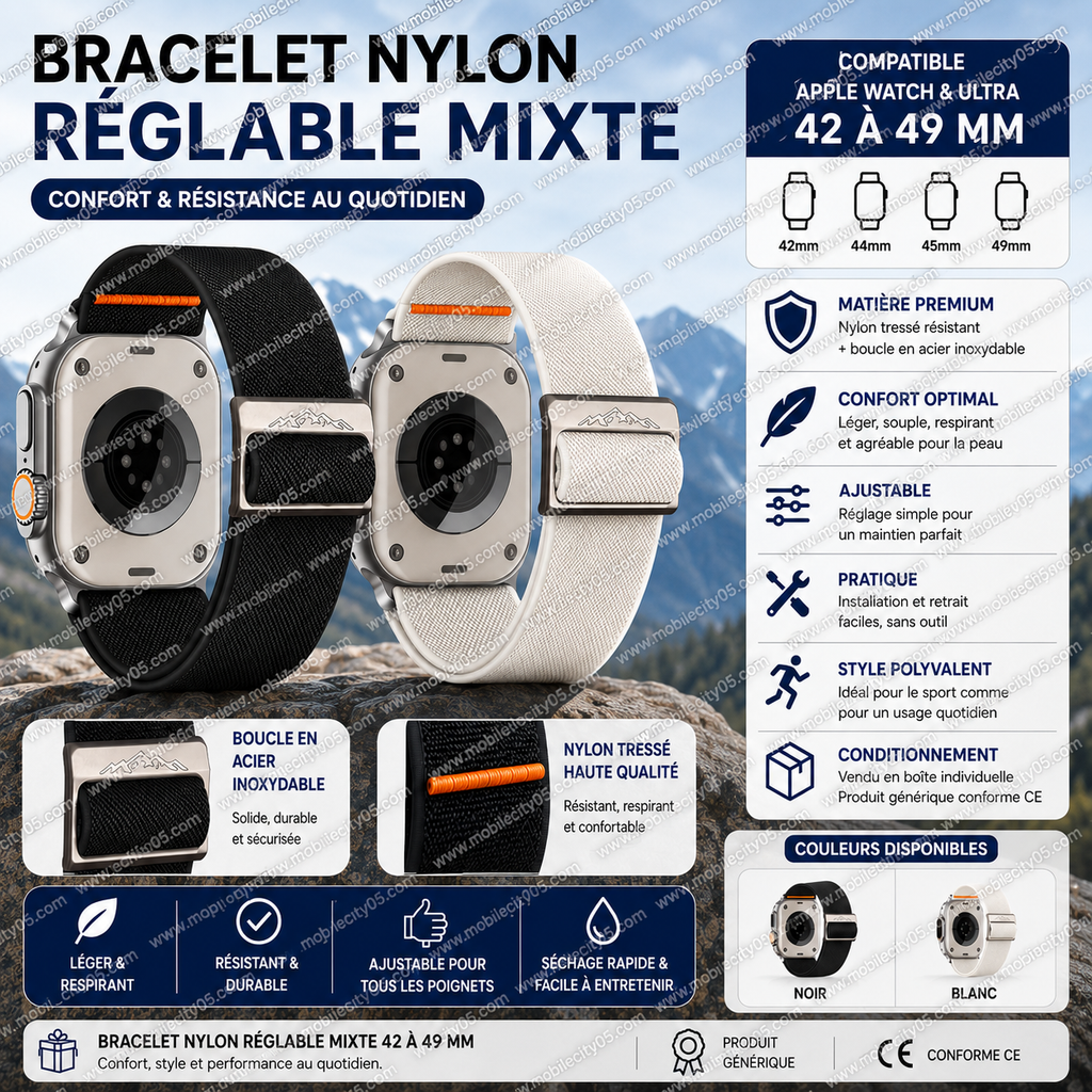 Bracelet Nylon Réglable Mixte 42 à 49 mm