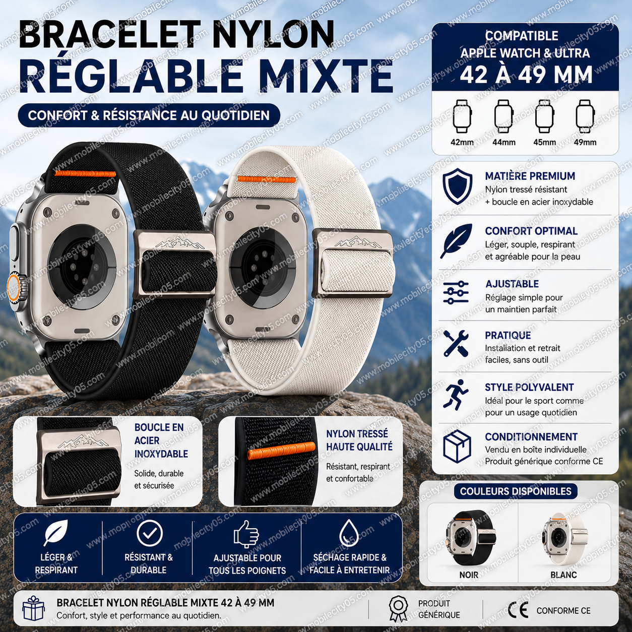 Bracelet Nylon Réglable Mixte 42 à 49 mm