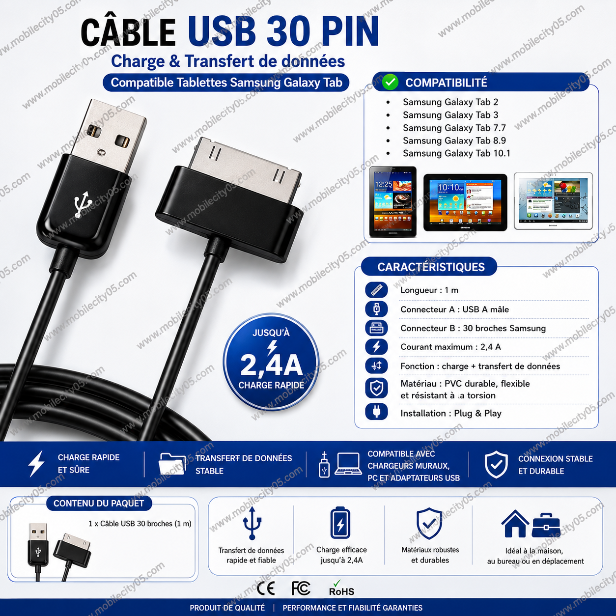 Câble USB de charge et de transfert de données 30 Pin – Compatible tablettes Samsung Galaxy Tab