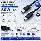 Cable USB-c vers c charge Rapide 60W & Transfert de Données