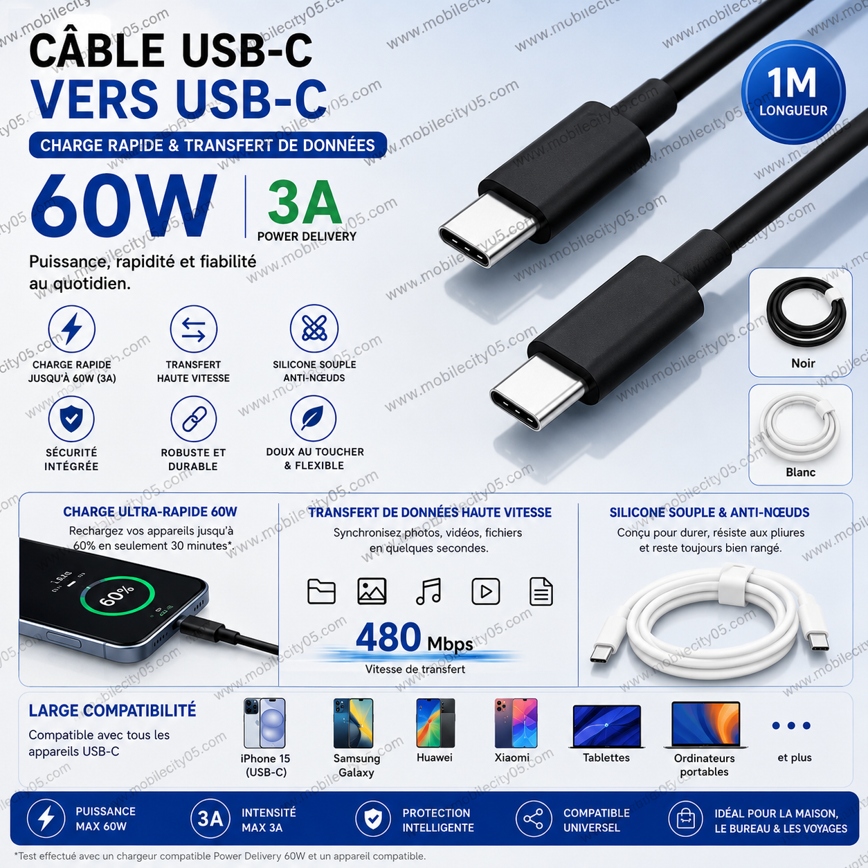Cable USB-c vers c charge Rapide 60W & Transfert de Données
