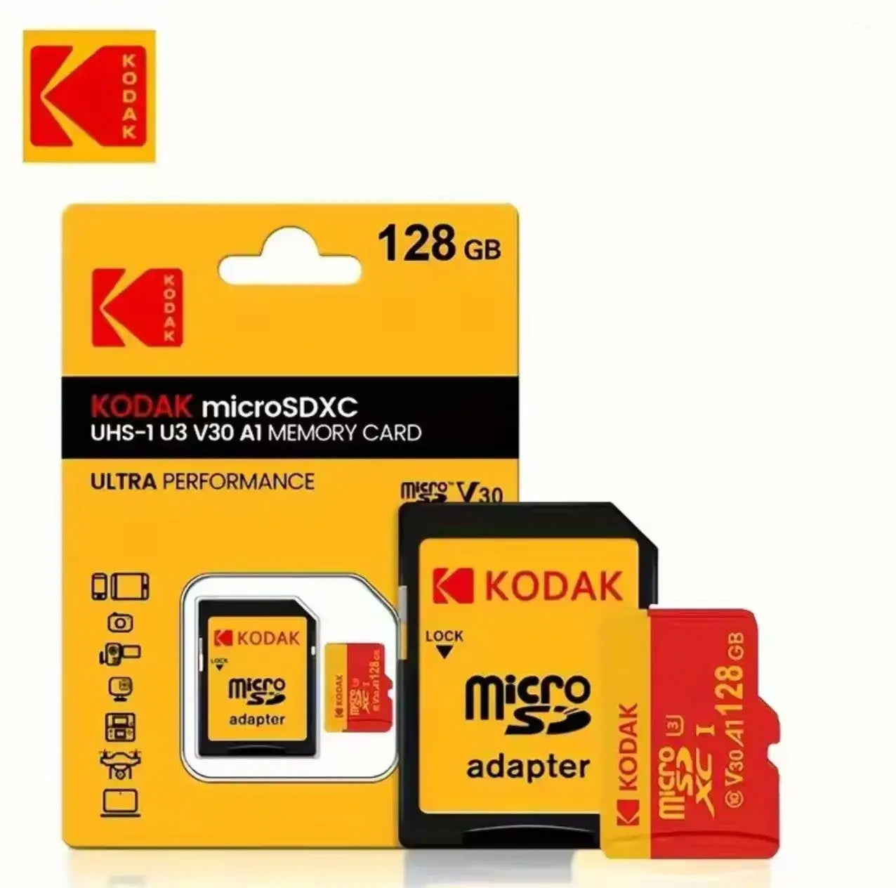 Kodak Carte Micro SD Haute Vitesse 128 Go – U3 Classe 10, V30, A1 + Adaptateur Mobile City