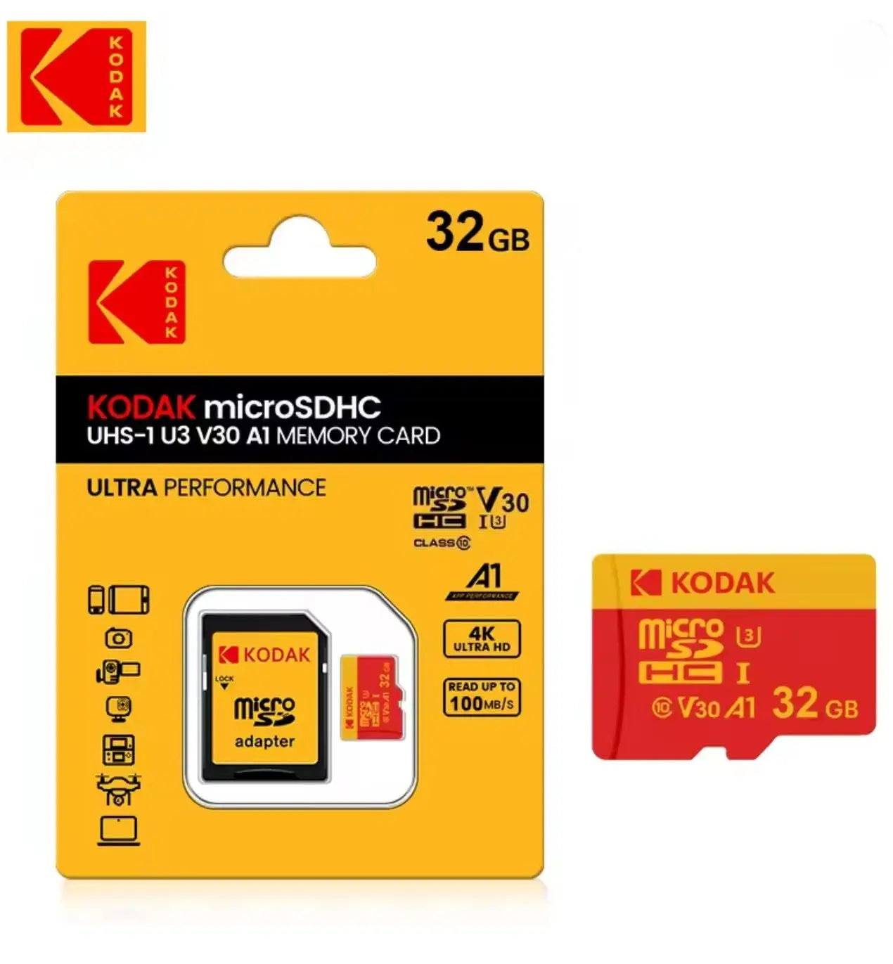 Kodak Carte Micro SD Haute Vitesse 128 Go – U3 Classe 10, V30, A1 + Adaptateur Mobile City