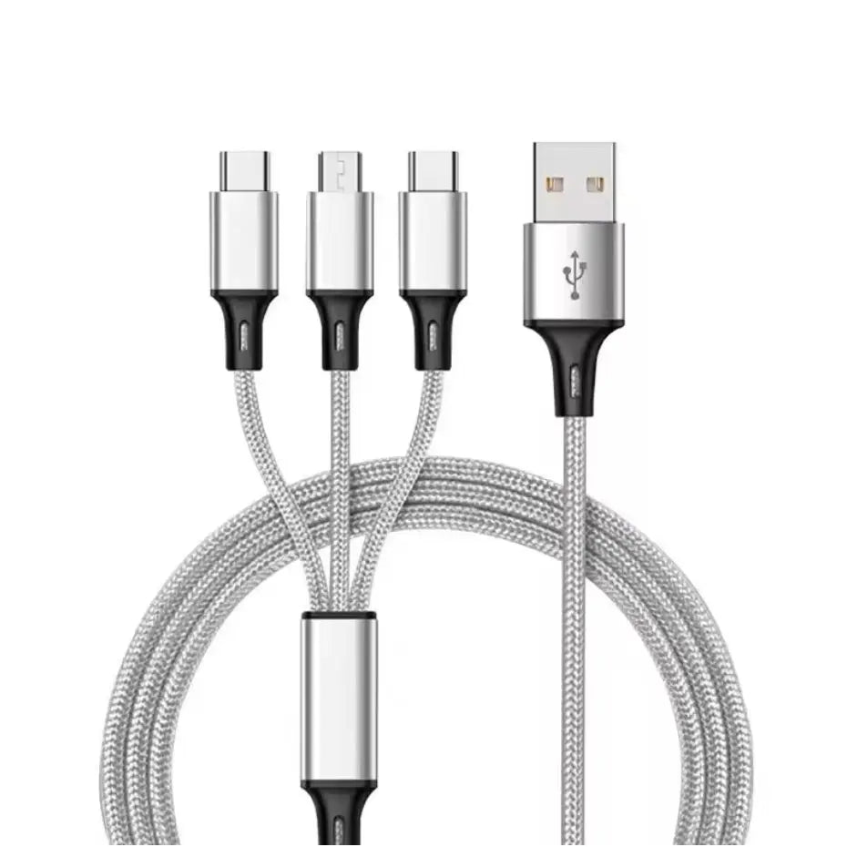 Câble USB-A de recharge 3 en 1 USB 2.0/2A en Nylon Tressé couleurs Bleu, Argent, Or