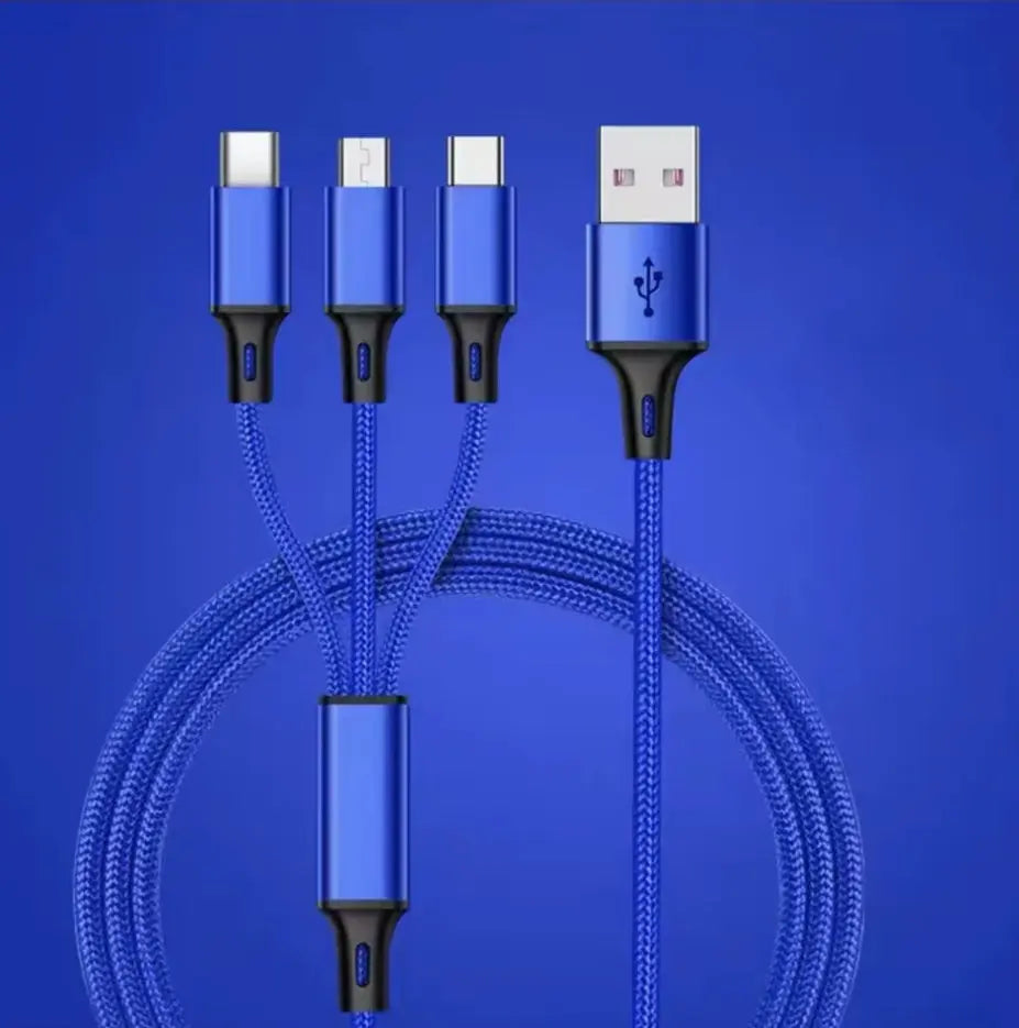 Câble USB-A de recharge 3 en 1 USB 2.0/2A en Nylon Tressé couleurs Bleu, Argent, Or