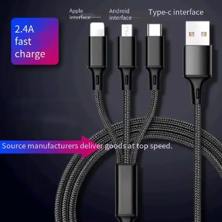 Câble USB-A de recharge 3 en 1 USB 2.0/2A en Nylon Tressé couleurs Bleu, Argent, Or
