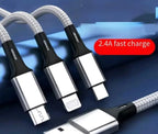 Câble USB-A de recharge 3 en 1 USB 2.0/2A en Nylon Tressé couleurs Bleu, Argent, Or