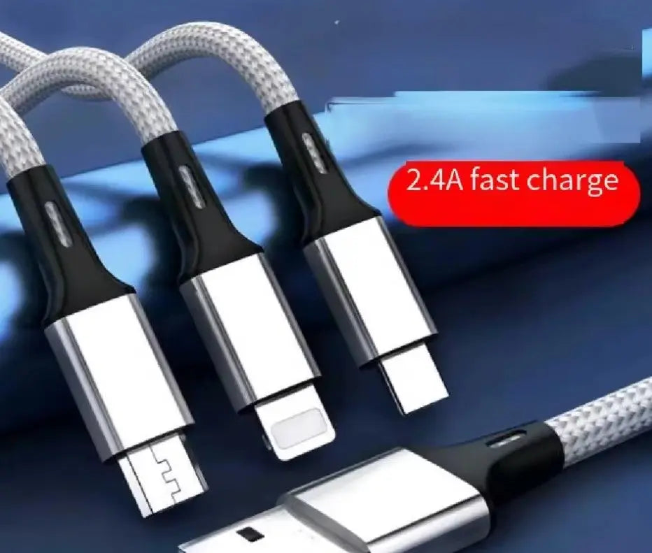 Câble USB-A de recharge 3 en 1 USB 2.0/2A en Nylon Tressé couleurs Bleu, Argent, Or