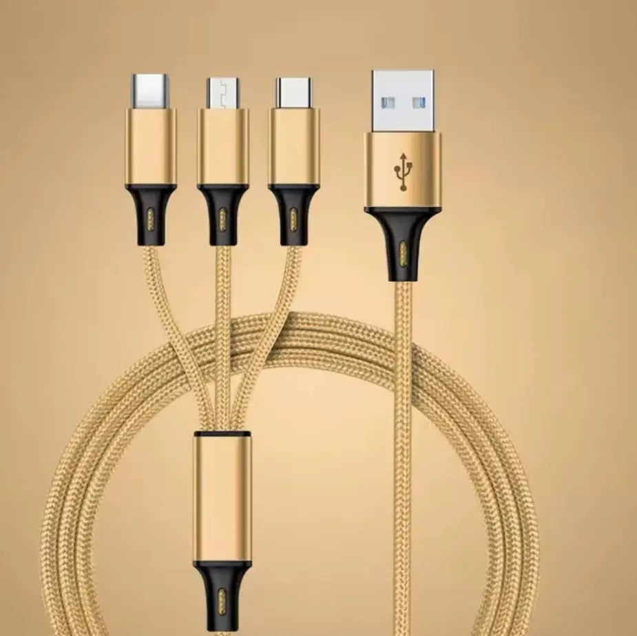 Câble USB-A de recharge 3 en 1 USB 2.0/2A en Nylon Tressé couleurs Bleu, Argent, Or