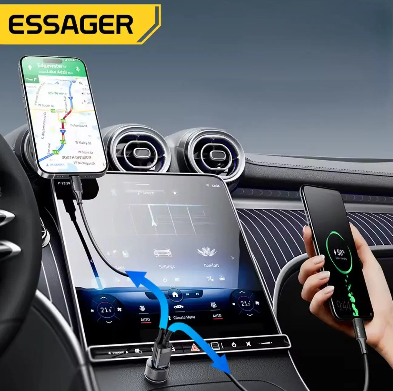 Chargeur de voiture Essager 45W USB-C – Double port PD3.0 / QC3.0 avec affichage numérique pour iPhone, Samsung, Xiaomi, Huawei, OPPO Mobile City
