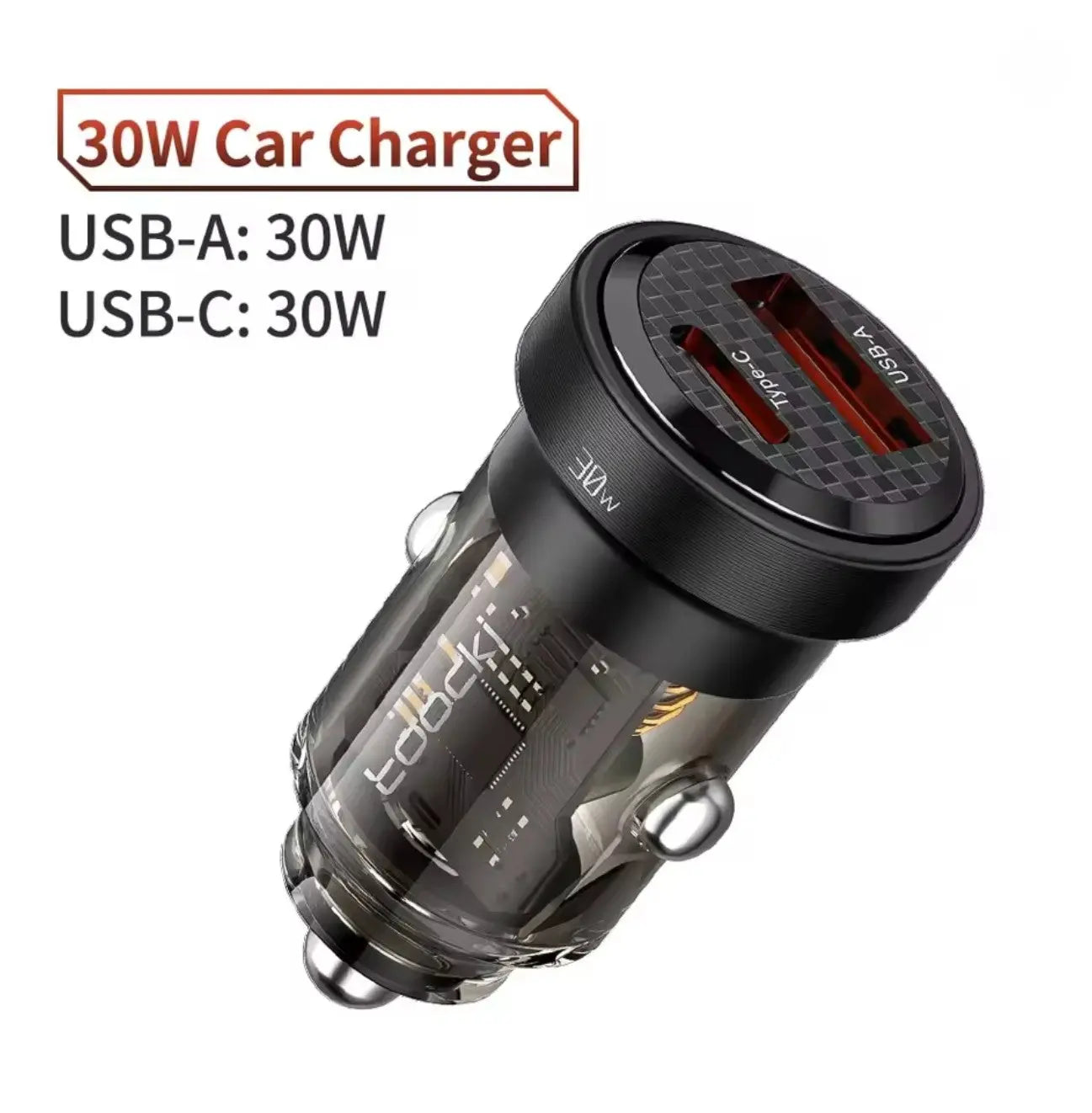 Chargeur de voiture Toocki 33W USB-C – Charge rapide PD3.0 / QC4.0 / SCP, design transparent Mobile City