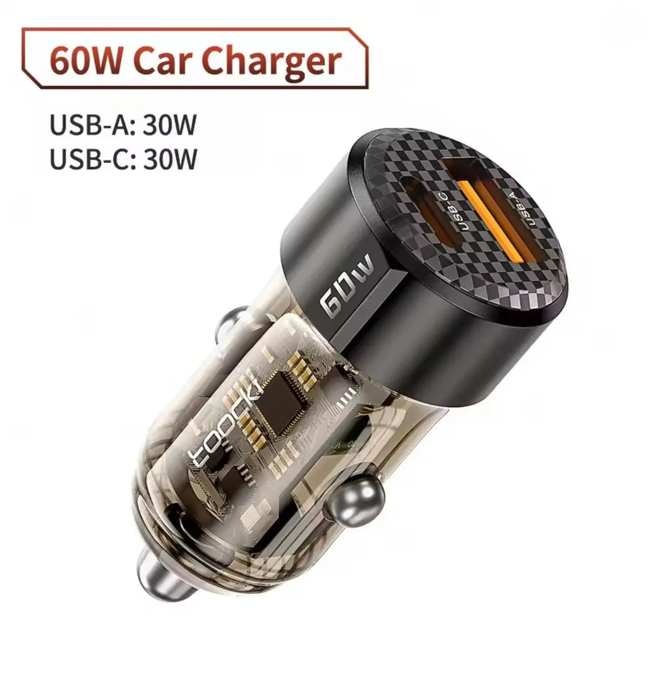 Chargeur de voiture Toocki 60W – Double port USB-C + USB-A, charge rapide PD27W / QC / PPS, design transparent Mobile City