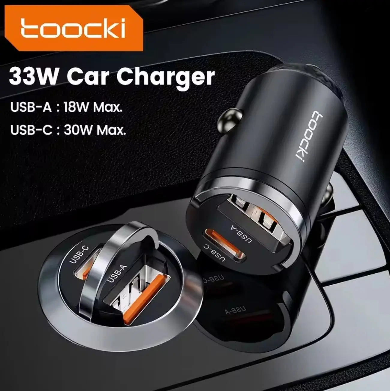 Chargeur de voiture Toocki 33W Mini – Double port PD/QC3.0, charge rapide avec anneau de traction intégré Mobile City