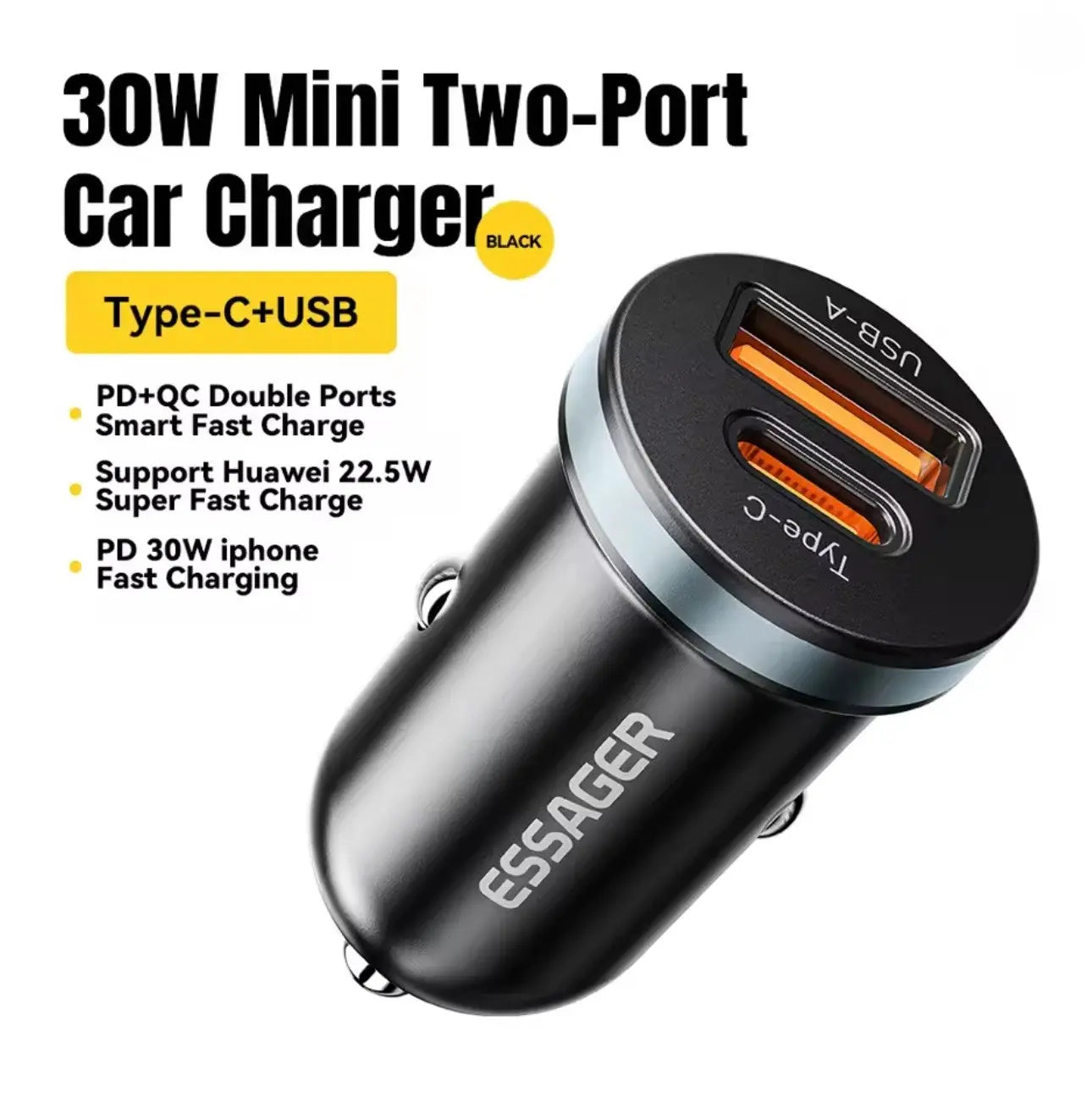 Essager Chargeur de Voiture 30W USB-C – Charge Rapide PD & QC 3.0 Mobile City