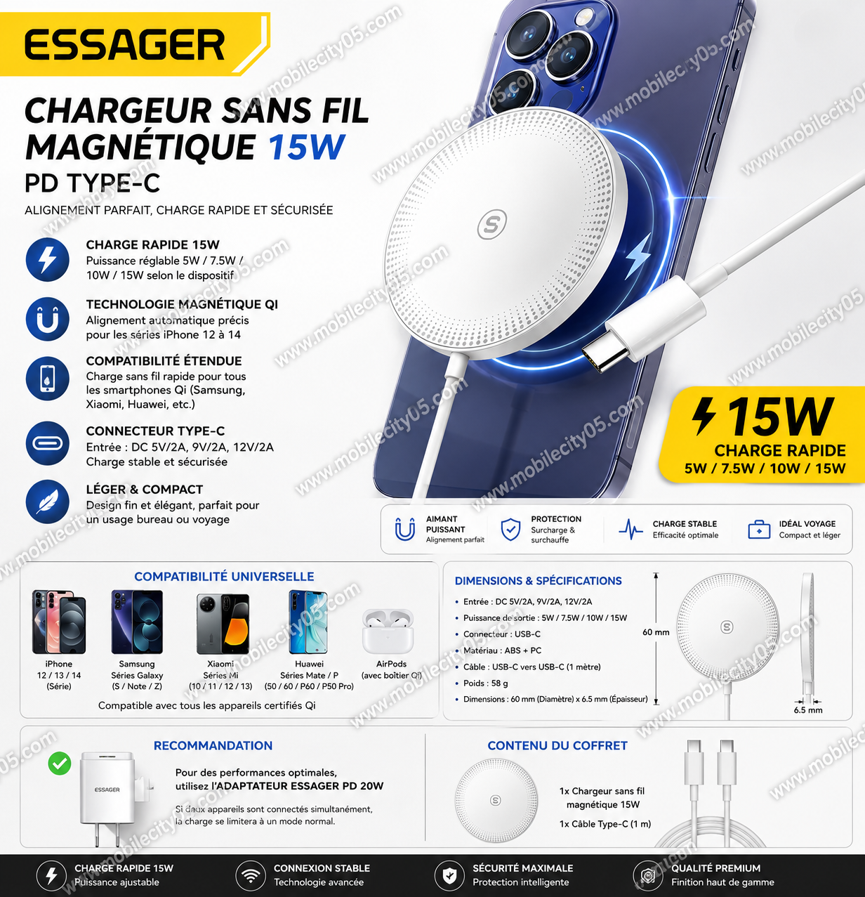 Chargeur Essager sans fil magnétique Qi 15W PD Type-C