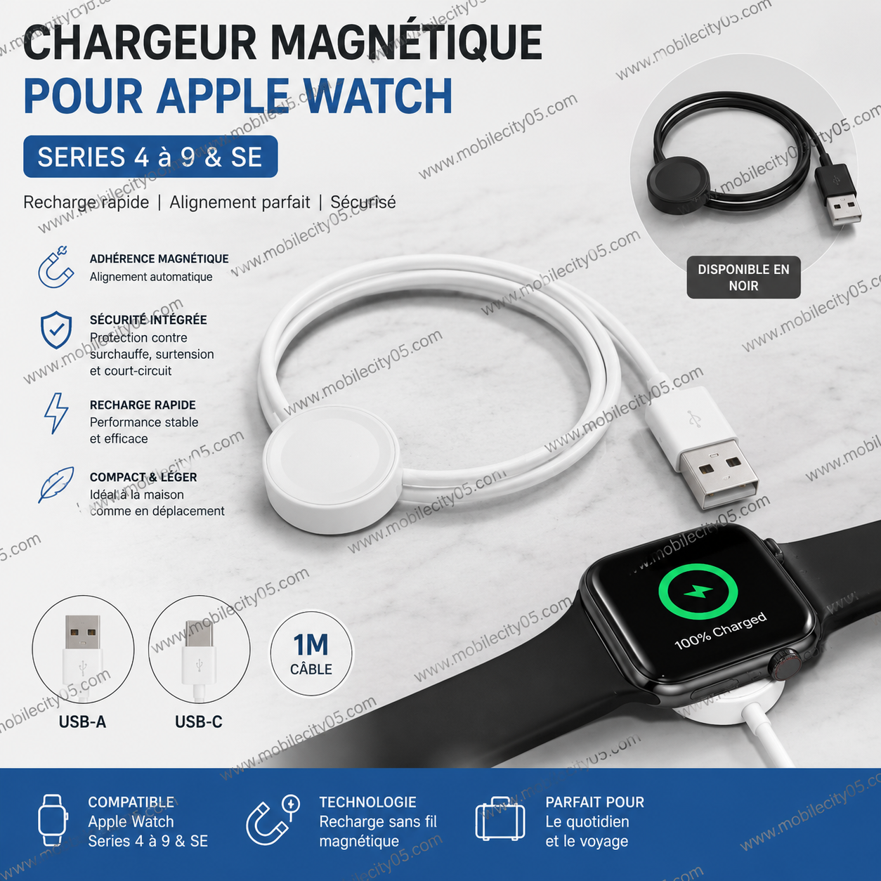 Chargeur magnétique iWatch Series 9, 8, 7, 6, 5, 4 et SE.