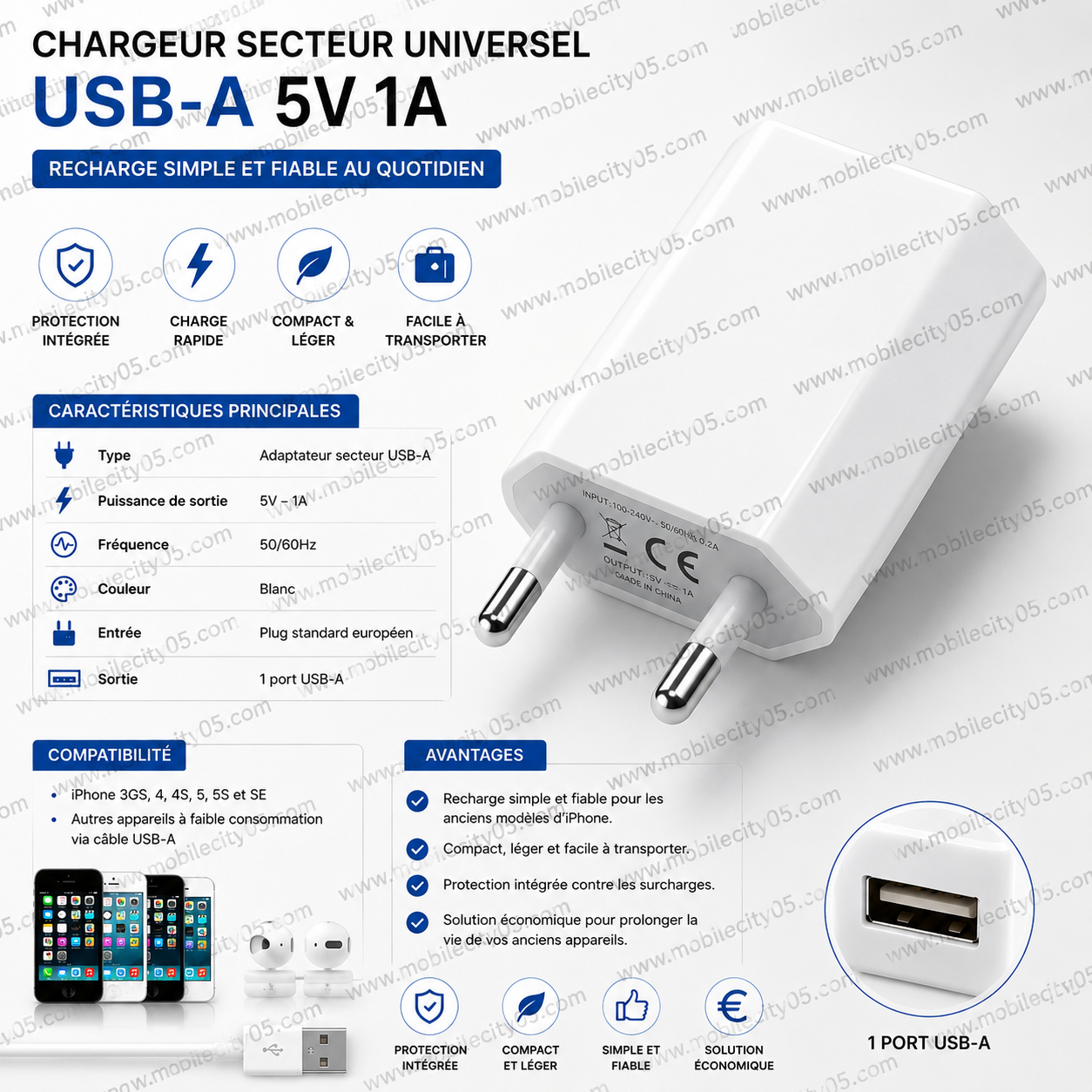 Chargeur Secteur Universel USB-A 5V 1A