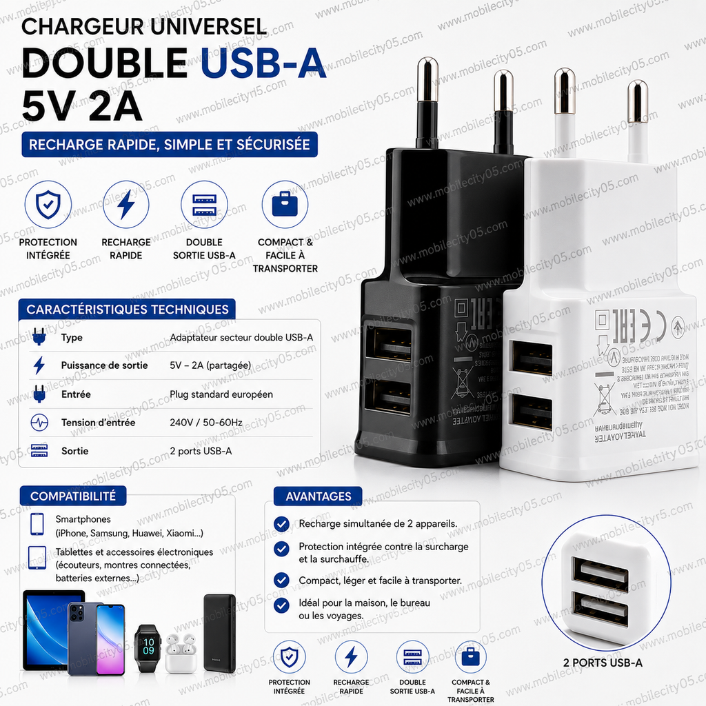 Chargeur universel Double sortie USB-A 5V 2A