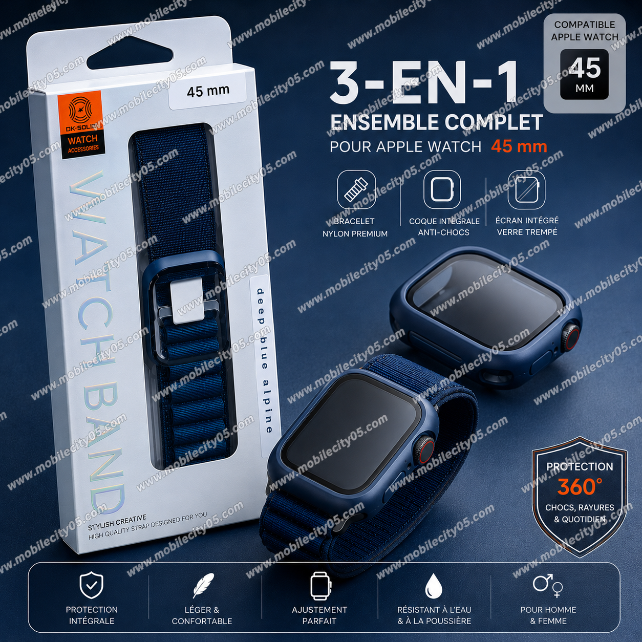 Ensemble Bracelet + Coque + Verre Trempé – Apple Watch 45 mm
