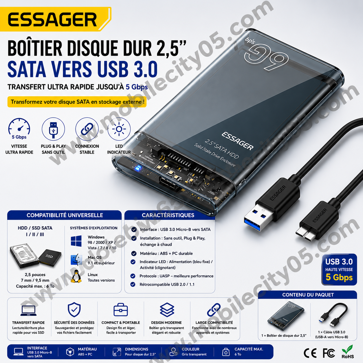 Essager Boîtier Disque Dur 2,5’’ – SATA vers USB 3.0 (Gris Transparent)