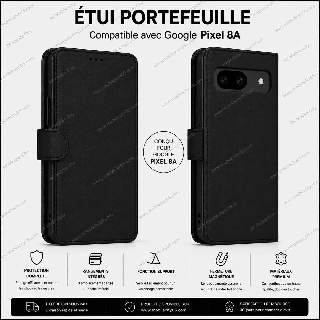 Étui a rabat portefeuille en cuir pour Google pixel 8