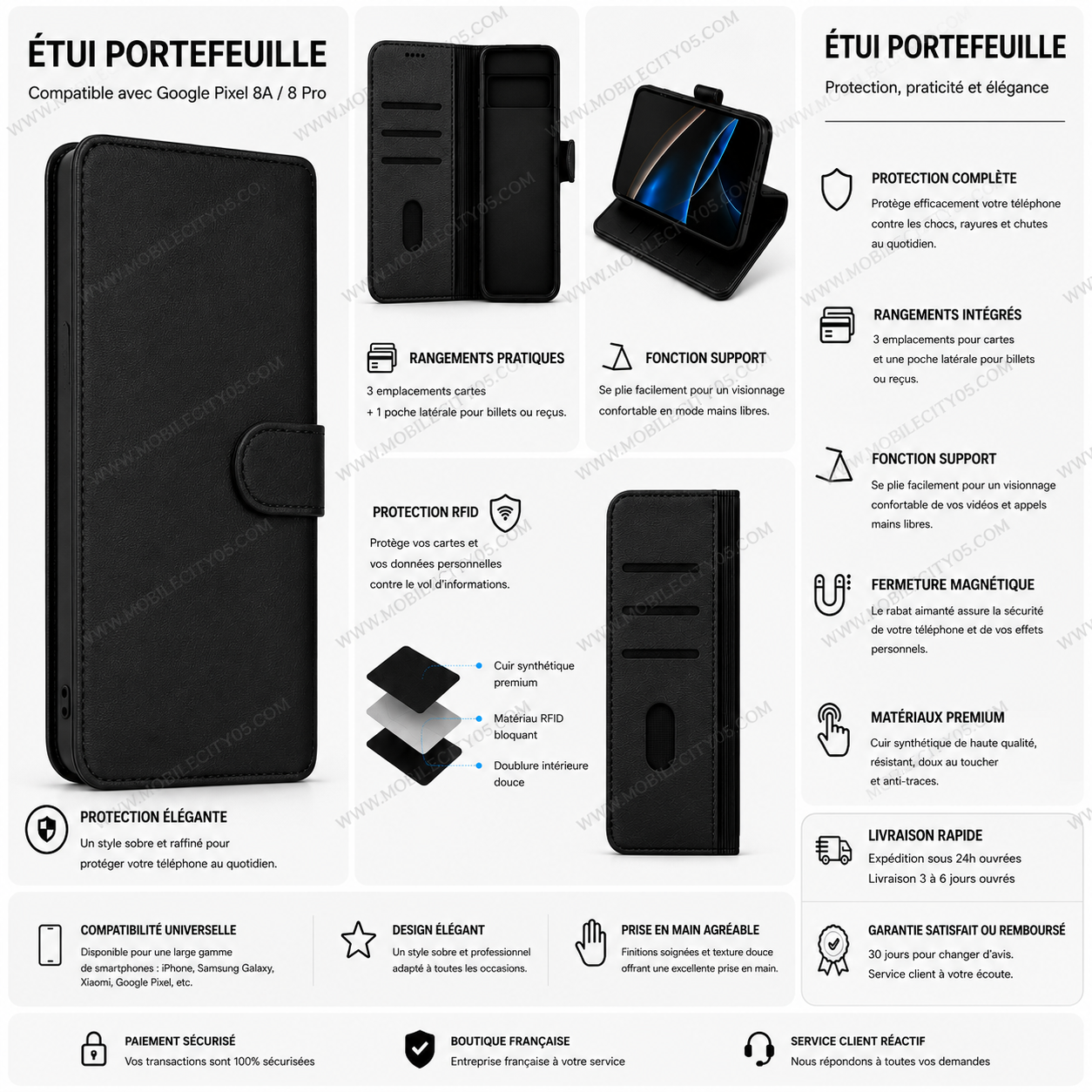 Étui a rabat portefeuille en cuir pour Google pixel 8