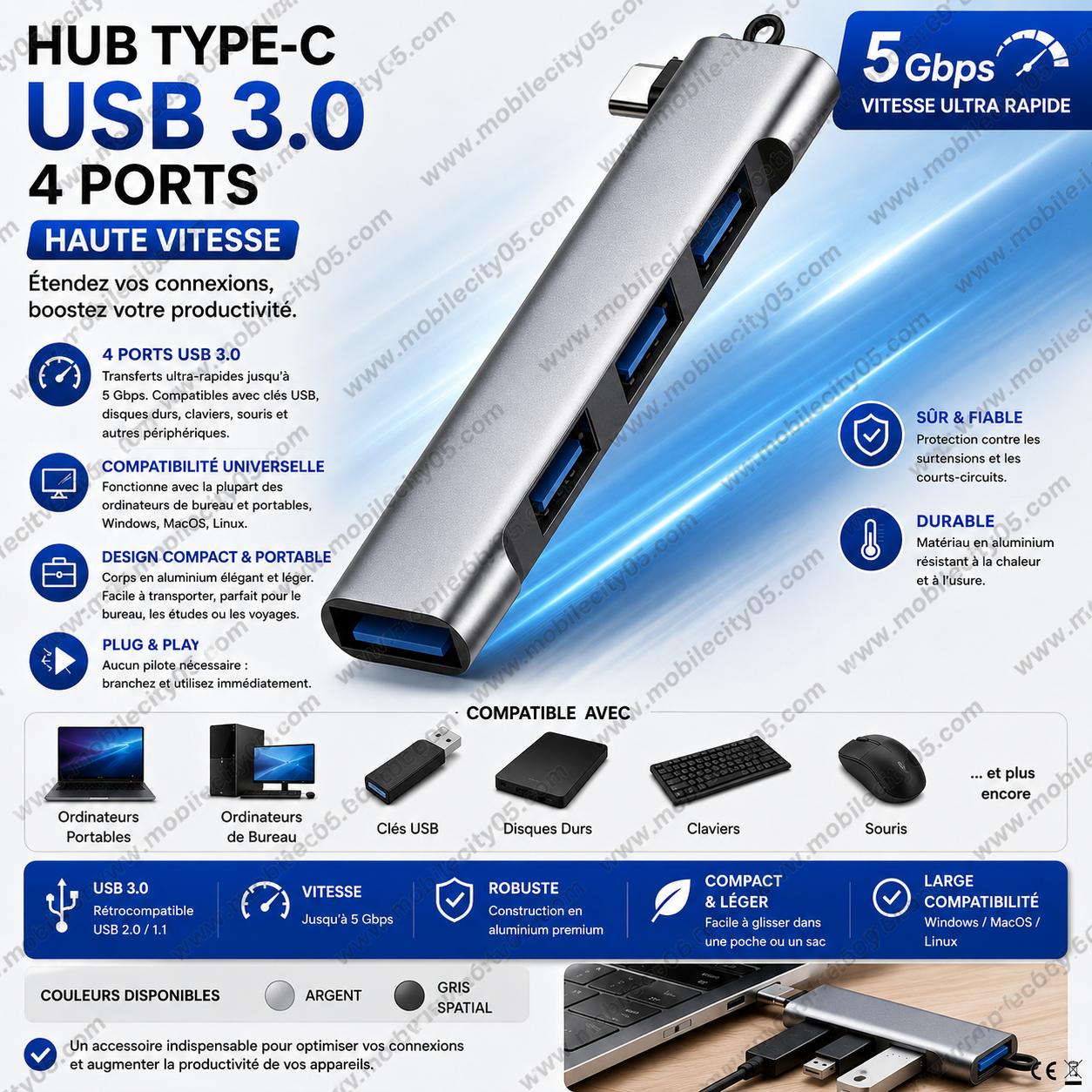 HUB Type-c USB 3.0 Haute Vitesse – 4 Ports