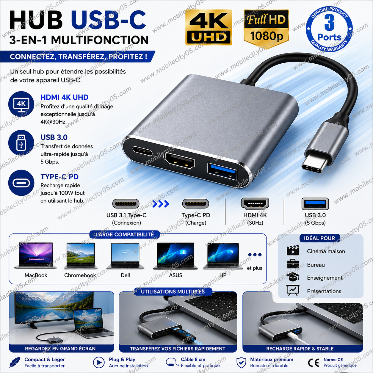 HUB USB-C 3-en-1 (HDMI 4K + USB 3.0 + Type-C)