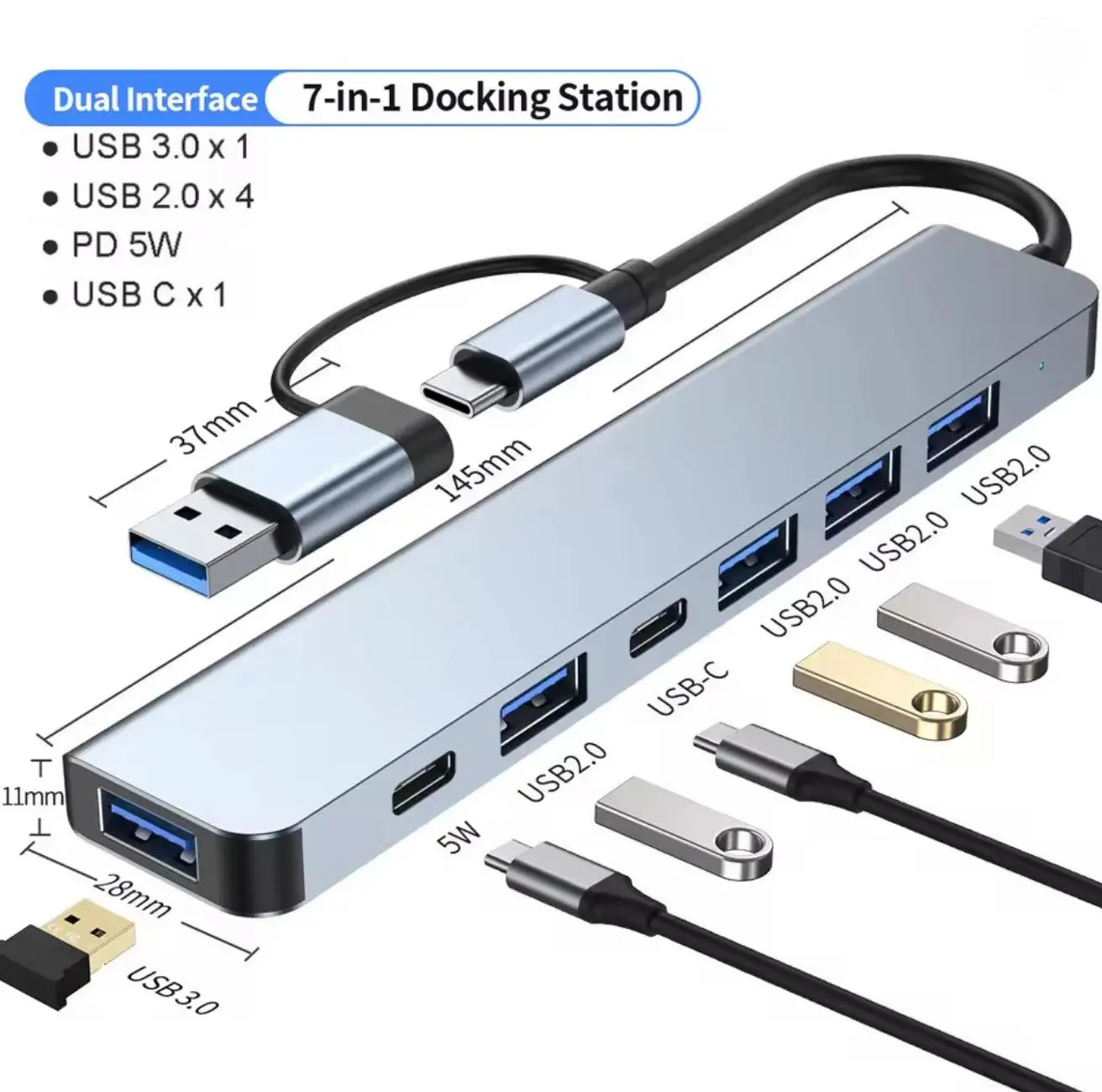 Hub USB C 7 en 1 – Aluminium, 4 USB 2.0, 1 USB 3.0 et 2 Ports USB-C Mobile City