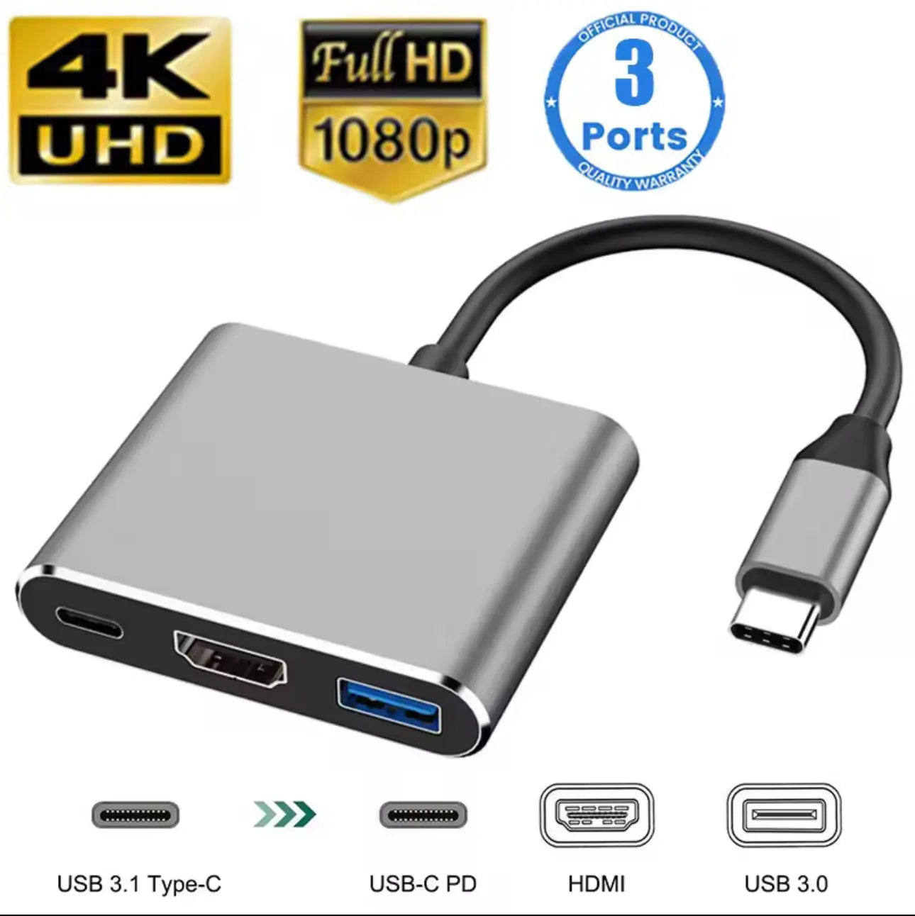 HUB USB-C 3-en-1 (HDMI 4K + USB 3.0 + Type-C) Mobile City