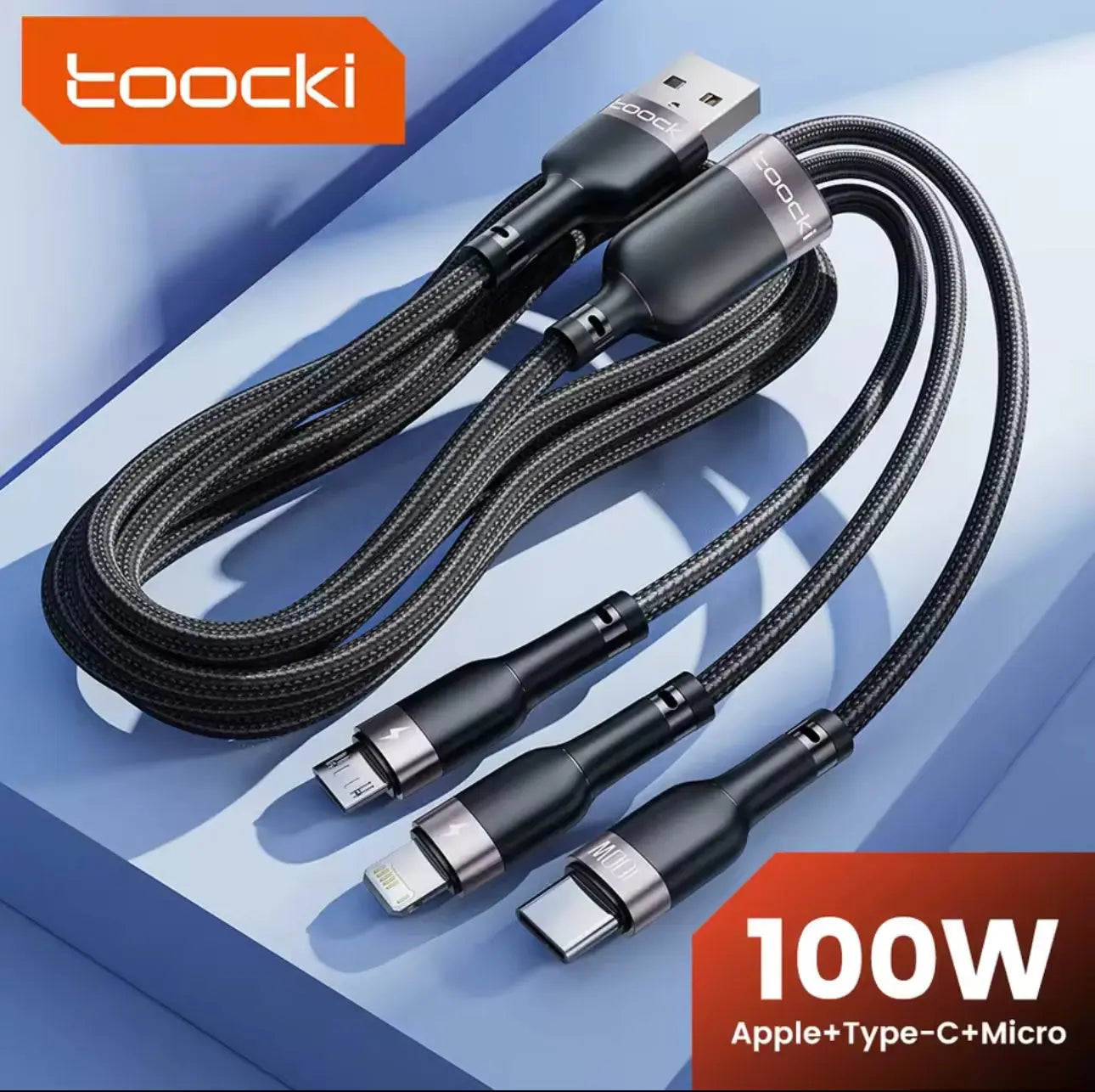 Câble Toocki 3-en-1 en Nylon Tressé – Charge Rapide 6A 100W Mobile City