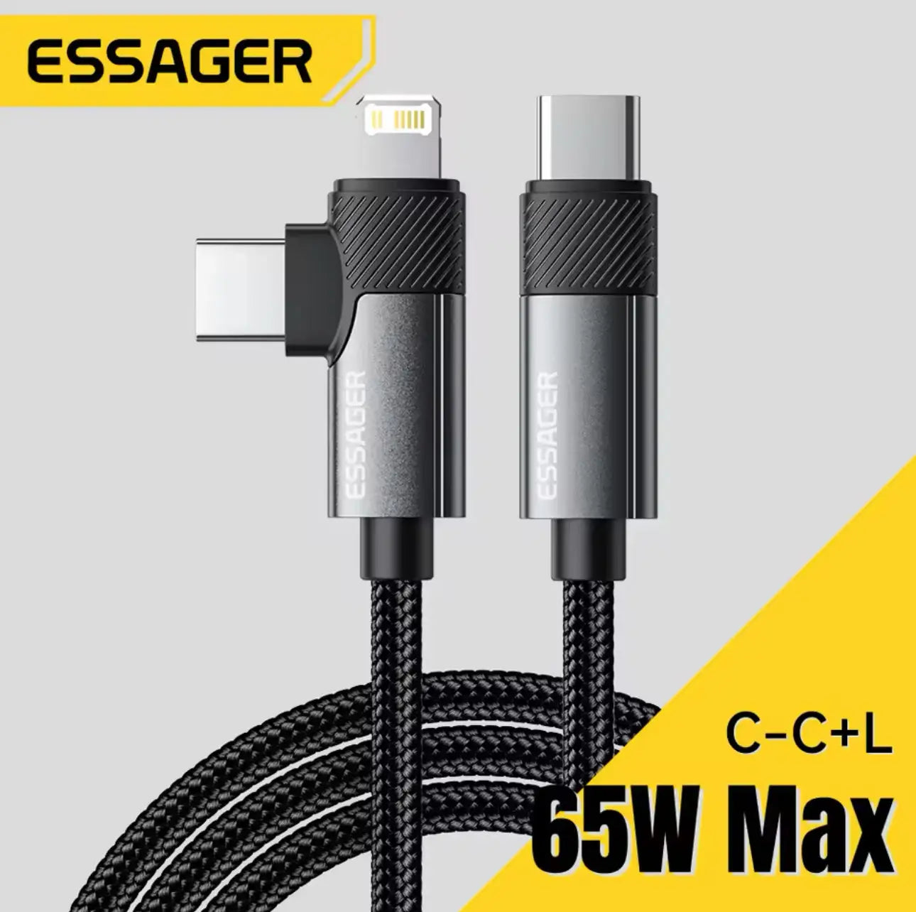 Câble USB-C ESSAGER 65W 2 en 1 Nylon Tressé Noir Mobile City