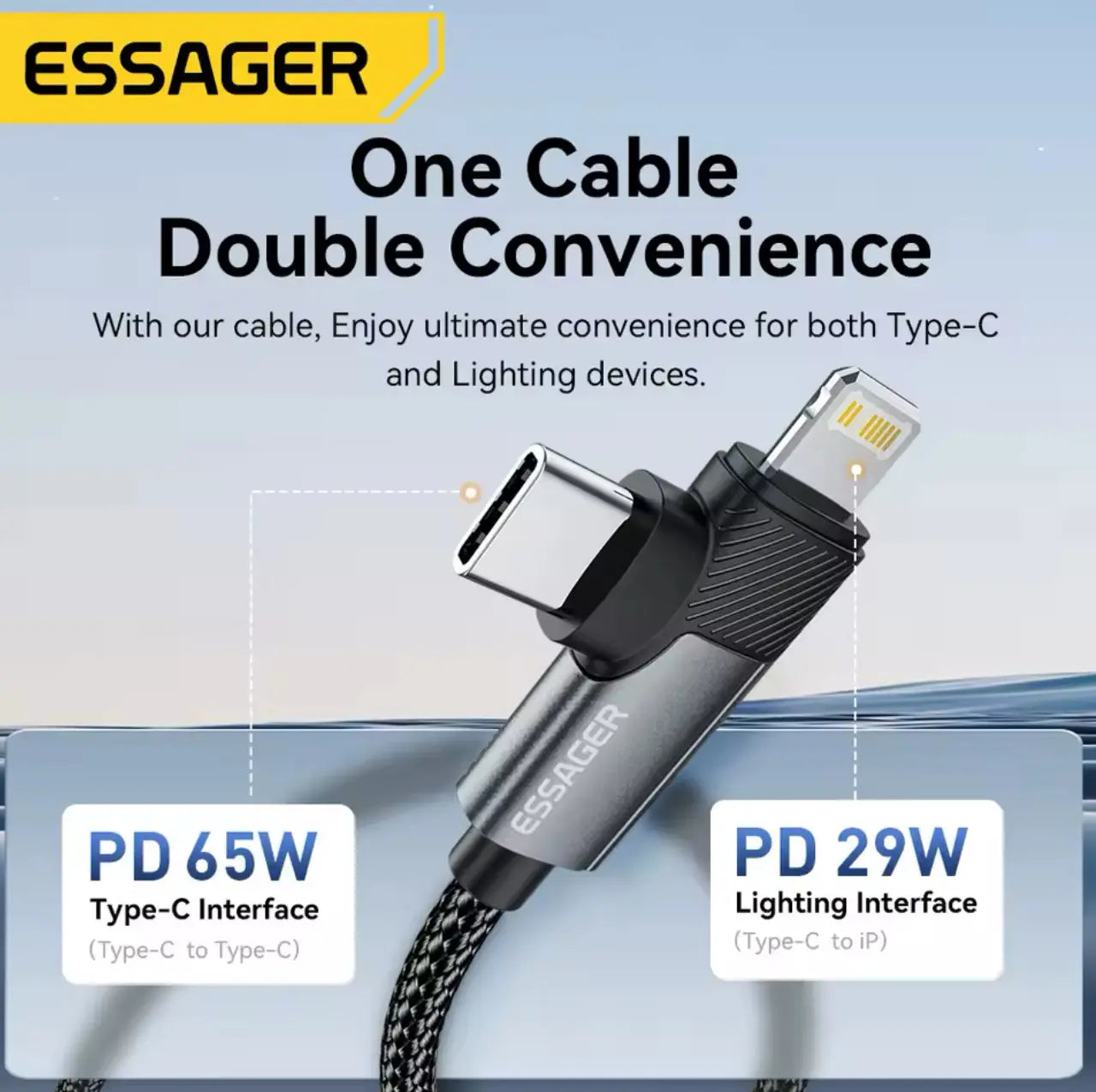 Câble USB-C ESSAGER 65W 2 en 1 Nylon Tressé Noir Mobile City