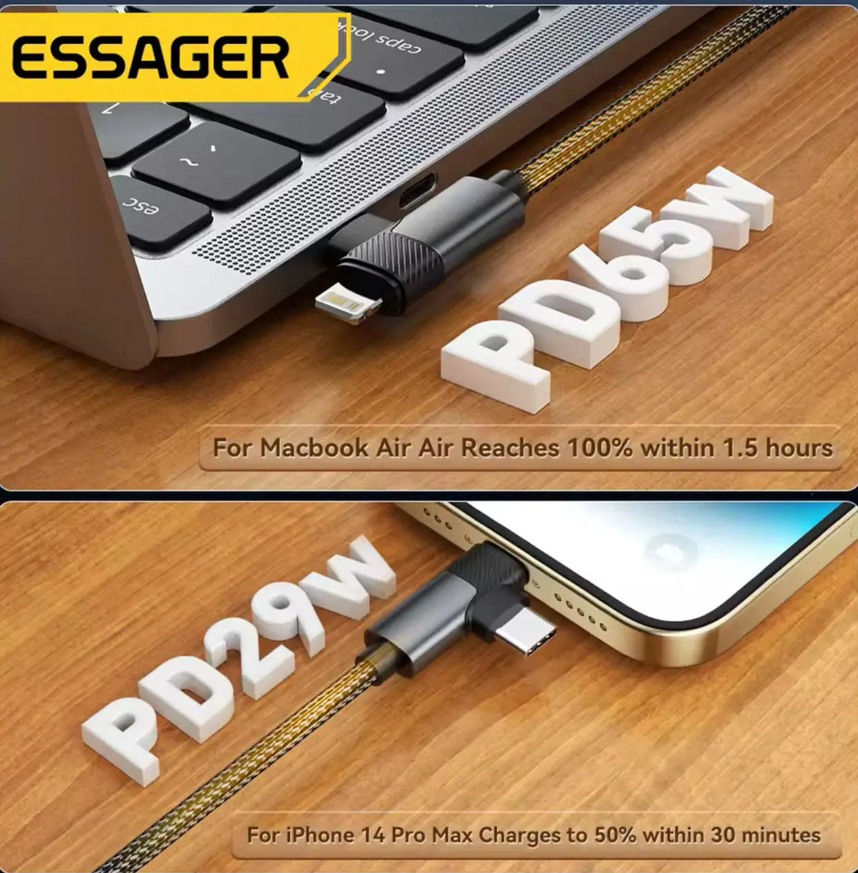 Câble USB-C ESSAGER 65W 2 en 1 Nylon Tressé Noir Mobile City