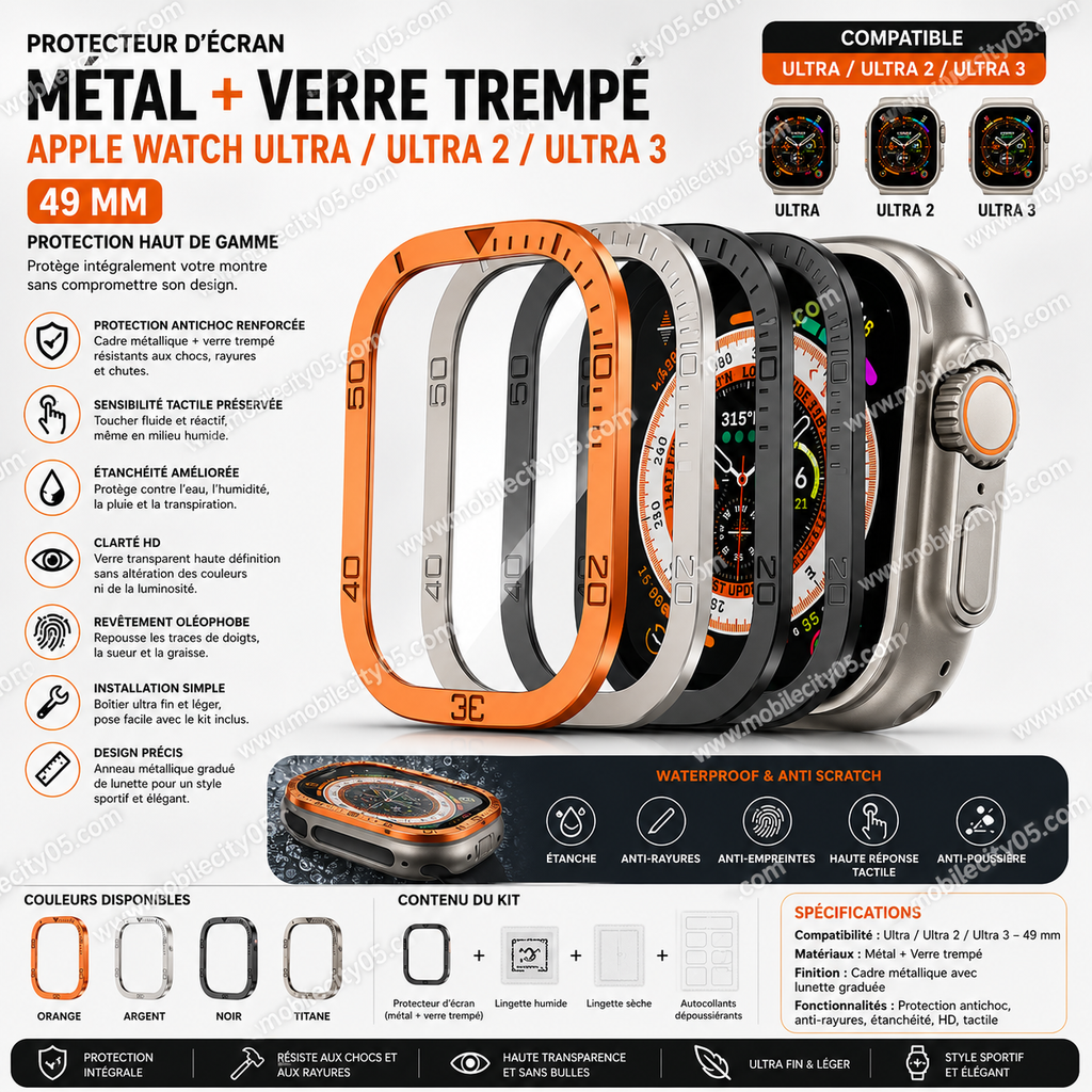 Protecteur d’écran en métal + verre trempé pour Apple Watch Ultra / Ultra 2 – 49 mm