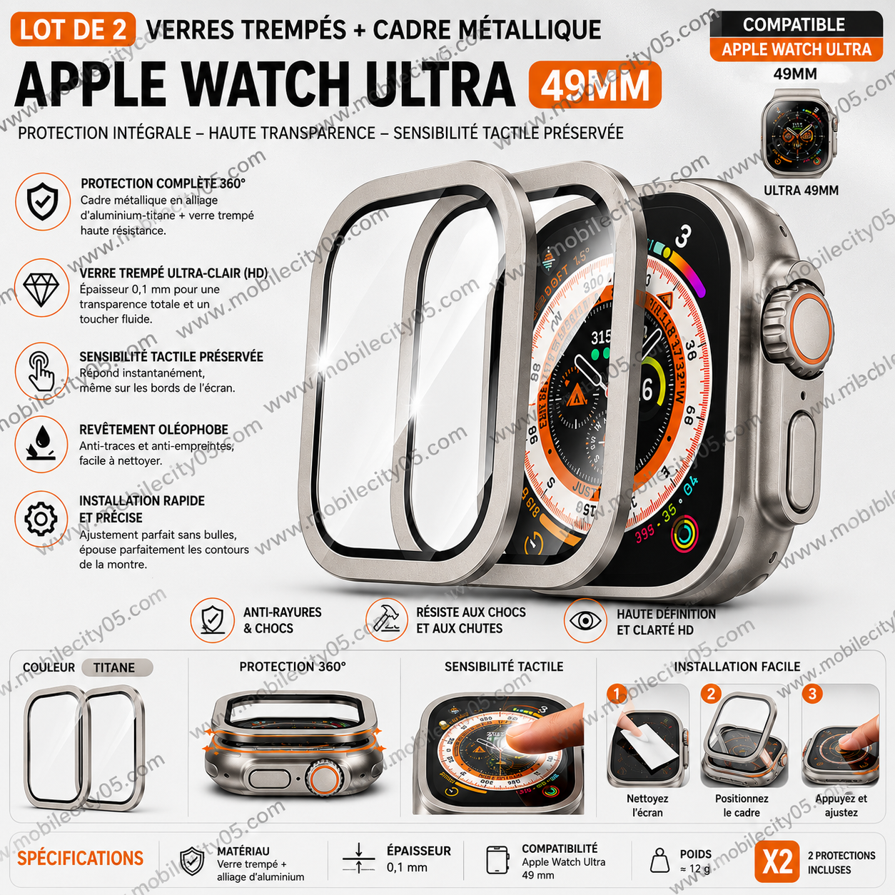 Lot de 2 Verres Trempés + Cadre Métallique pour Apple Watch Ultra 49mm