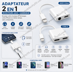 Adaptateur 2 en 1 Écouteurs Jack + Chargeur – iPhone Lightning vers 3.5mm/Type-C