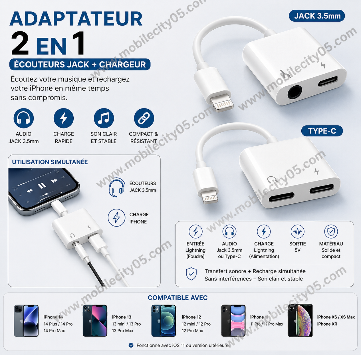 Adaptateur 2 en 1 Écouteurs Jack + Chargeur – iPhone Lightning vers 3.5mm/Type-C